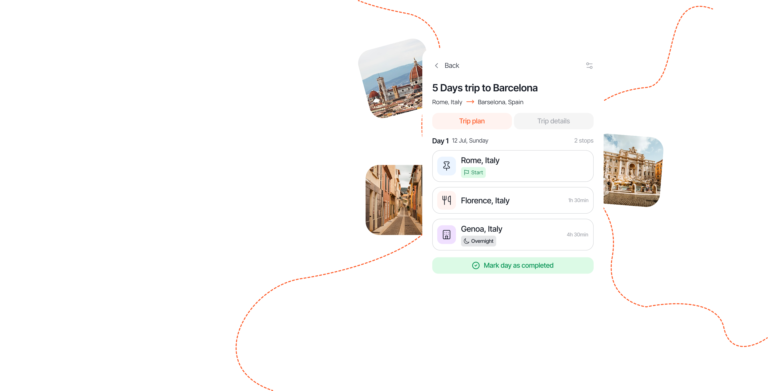 Interactive trip preview showing detailed itinerary with photos, timing, and route visualization for a Barcelona road trip