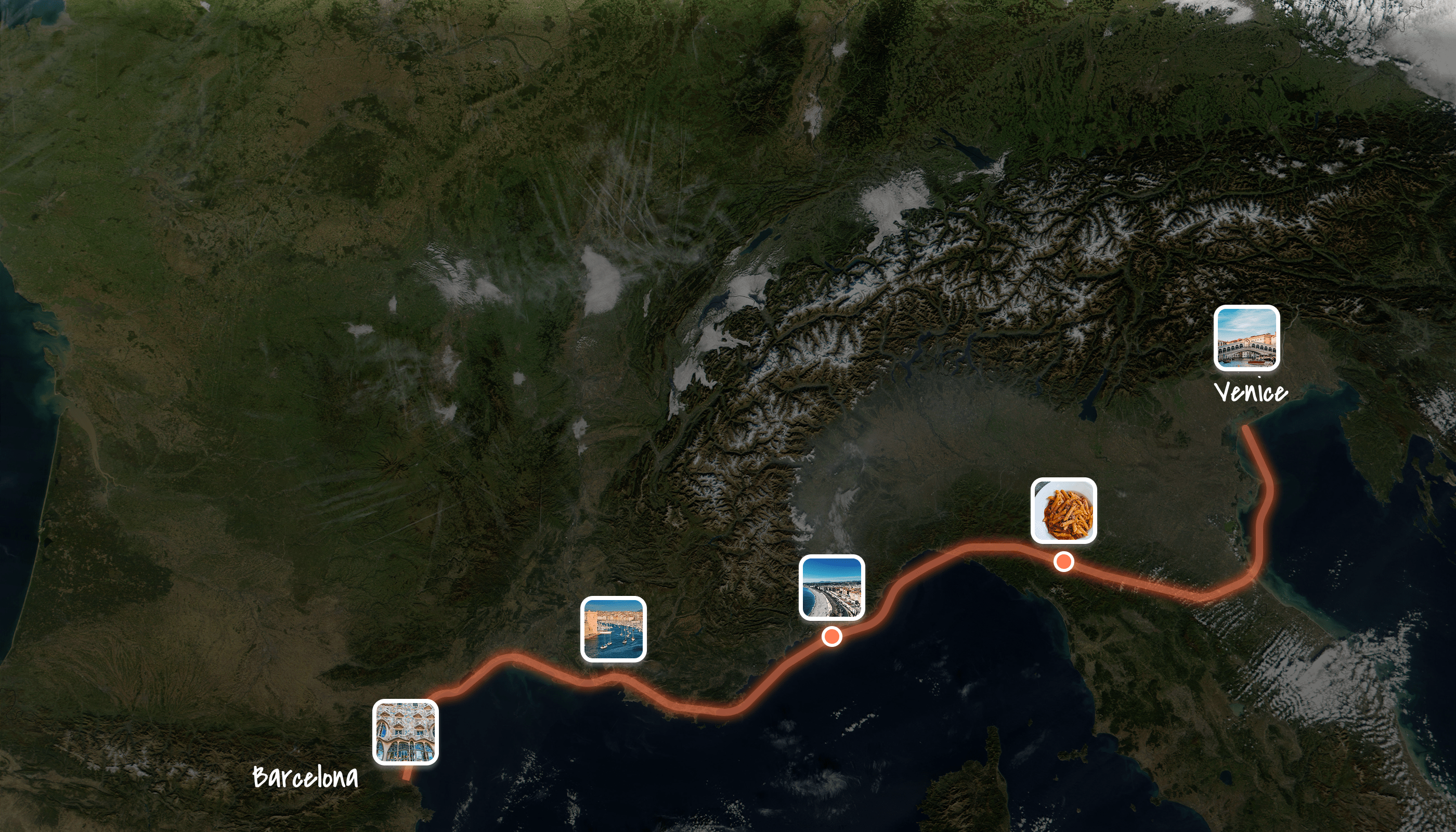 Interactive map showing a scenic road trip route with multiple stops including landmarks and points of interest